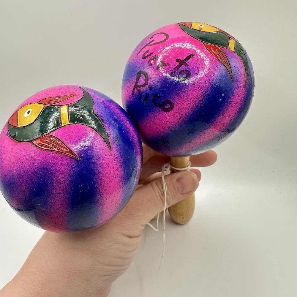 VTG‎ Hand Painted Pink Purple Wooden Maracas Musical Instruments Souvenir Fish